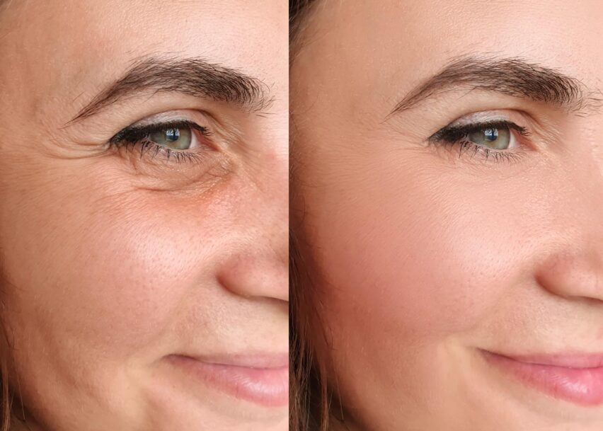 Close-up of a female face showing before and after treatment for crow's feet and fine lines around the eyes