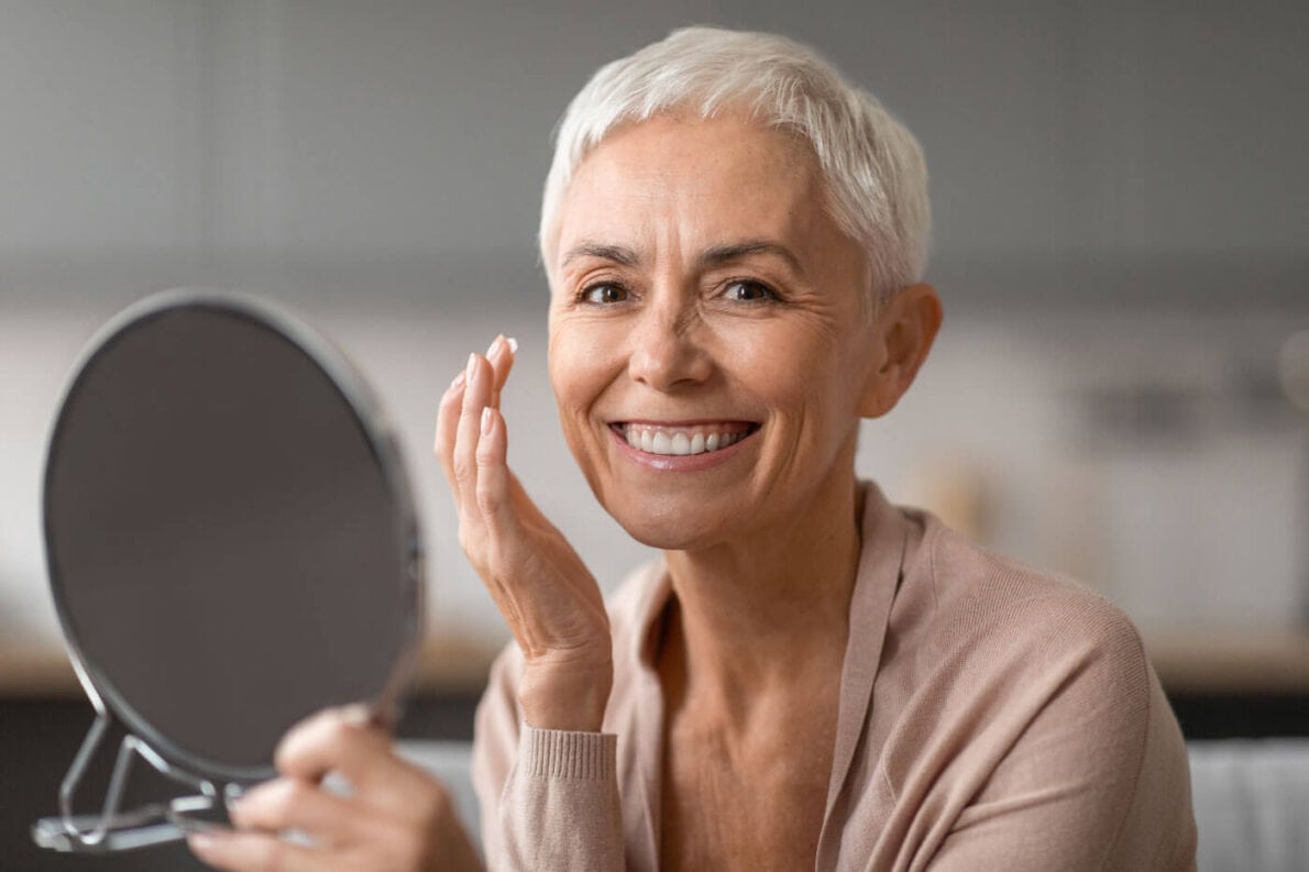 Mature female pro-actively reducing wrinkles