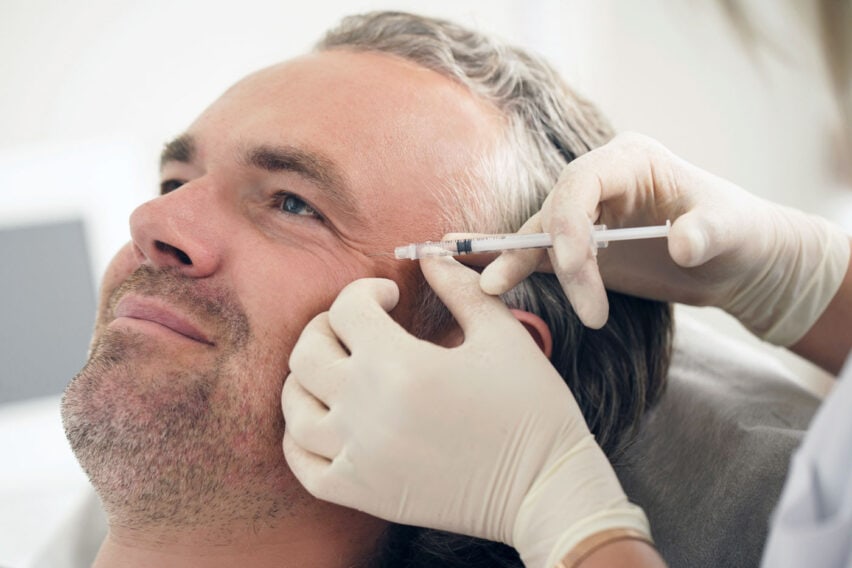 Middle aged male client during profhilo filler injections at a botox treatment clinic. Skin boosters.
